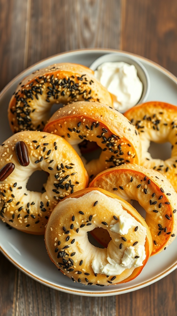 Freshly baked air fryer bagels topped with sesame and poppy seeds, served with cream cheese on a rustic table.